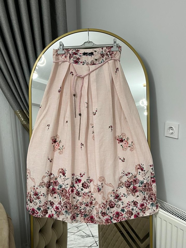 Pembe Çiçek Desenli Bohem Uzun Etek - Görsel 2