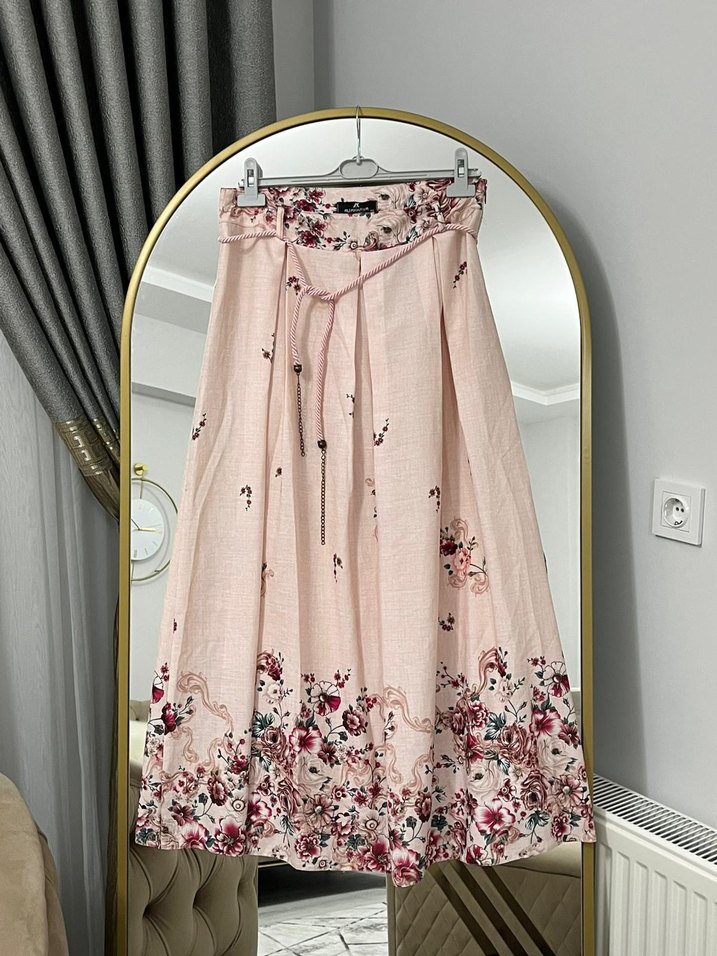 Pembe Çiçek Desenli Bohem Uzun Etek - Görsel 5