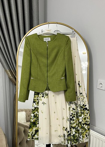 Yeşil Kadın Mini Blazer, Fermuarlı, Uzun Kollu - Görsel 3