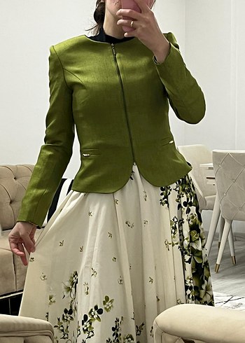 Yeşil Kadın Mini Blazer, Fermuarlı, Uzun Kollu - Görsel 6