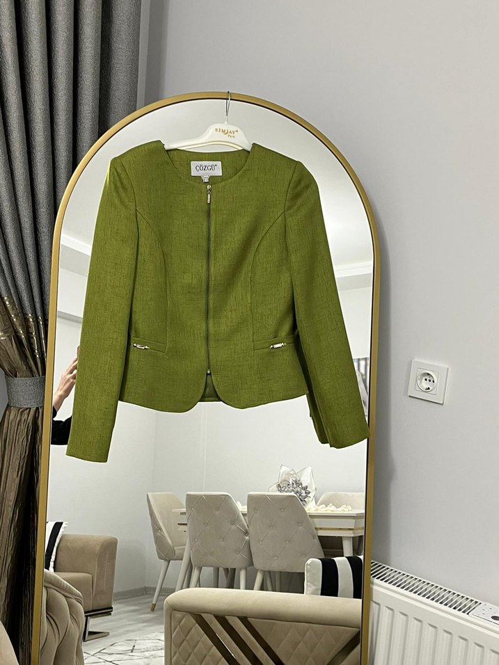 Yeşil Kadın Mini Blazer, Fermuarlı, Uzun Kollu - Görsel 5