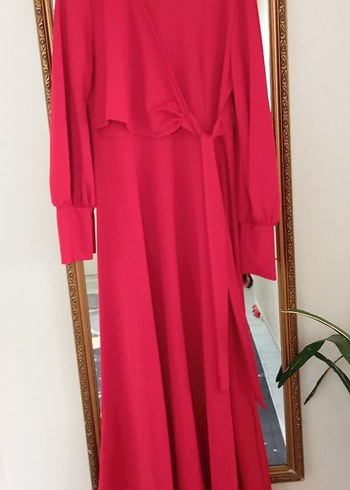 Kırmızı Uzun Kollu V Yakalı Salaş Elbise - Görsel 2