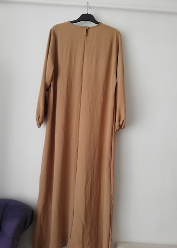 50 Beden camel Renk Bej Uzun Keten Elbise, Salaş Kesim