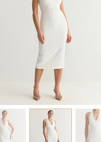 Uzun taşlı ışıltılı şık beyaz elbise - Görsel 3