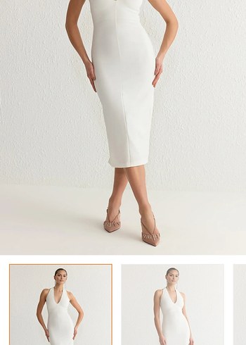 Uzun taşlı ışıltılı şık beyaz elbise - Görsel 4