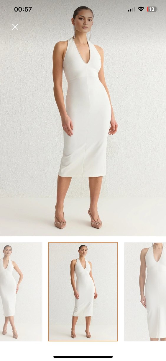 Uzun taşlı ışıltılı şık beyaz elbise - Görsel 3