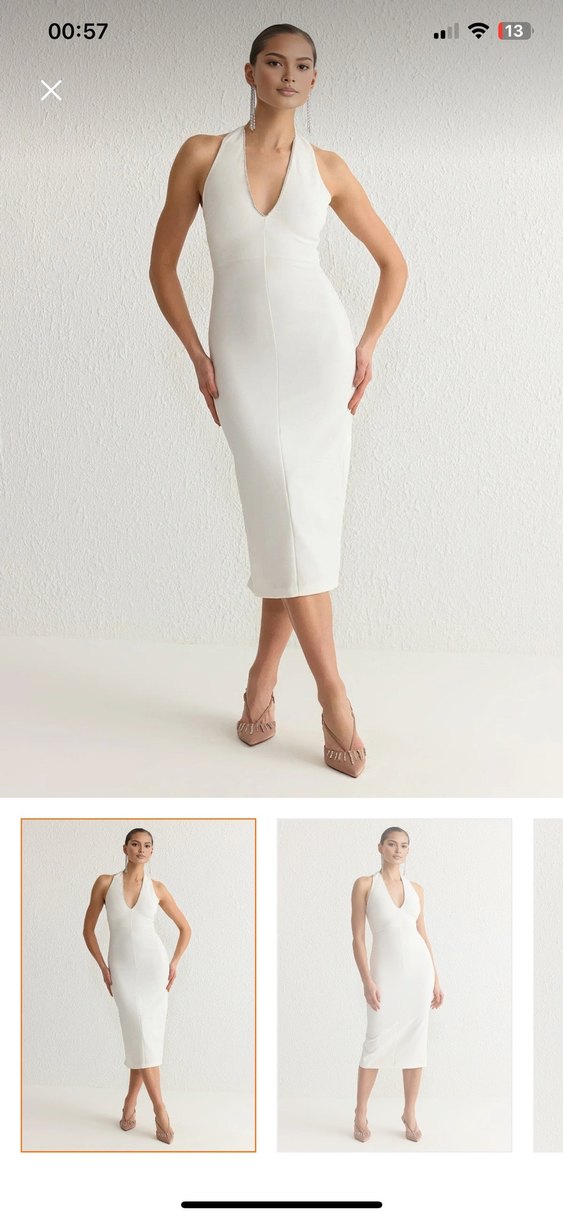 Uzun taşlı ışıltılı şık beyaz elbise - Görsel 4