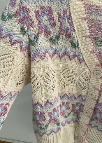 Renkli Vintage V Yaka Örgü Hırka - Görsel 3