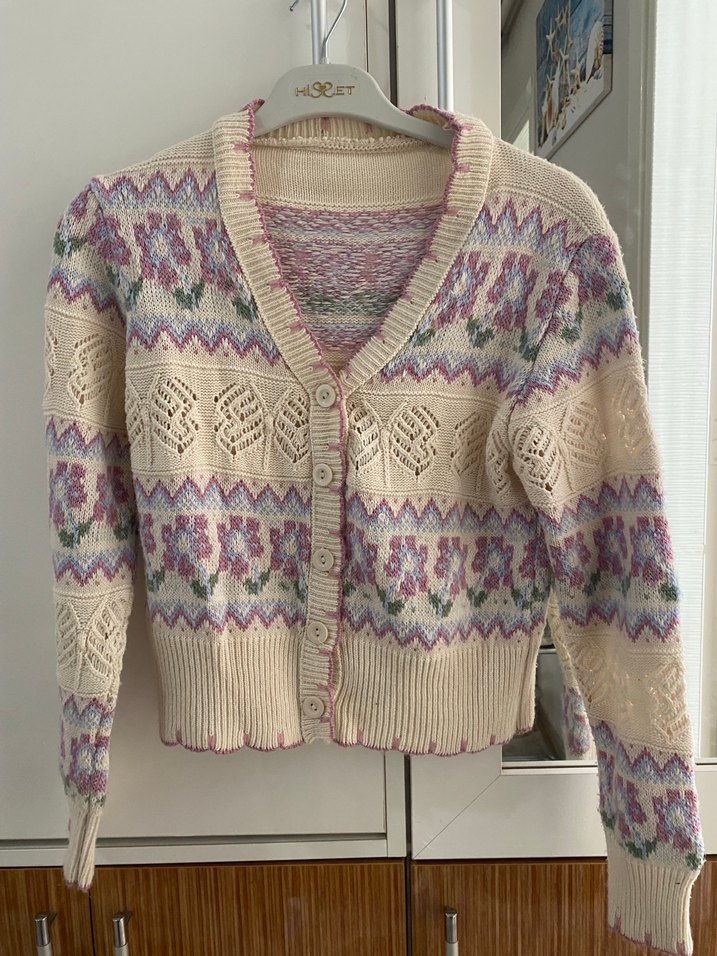 Renkli Vintage V Yaka Örgü Hırka - Görsel 2