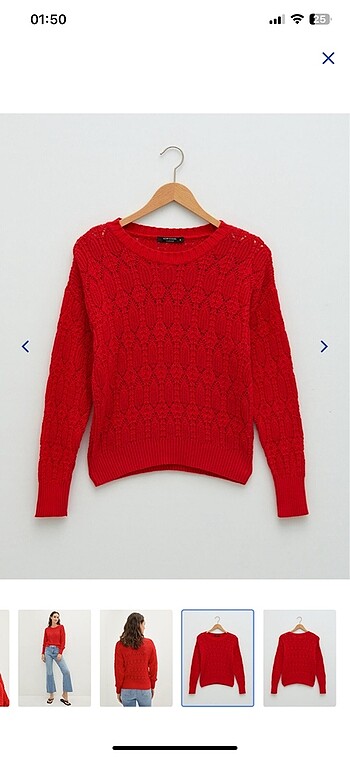 kırmızı kazak kendinden desenli delikli - Görsel 5