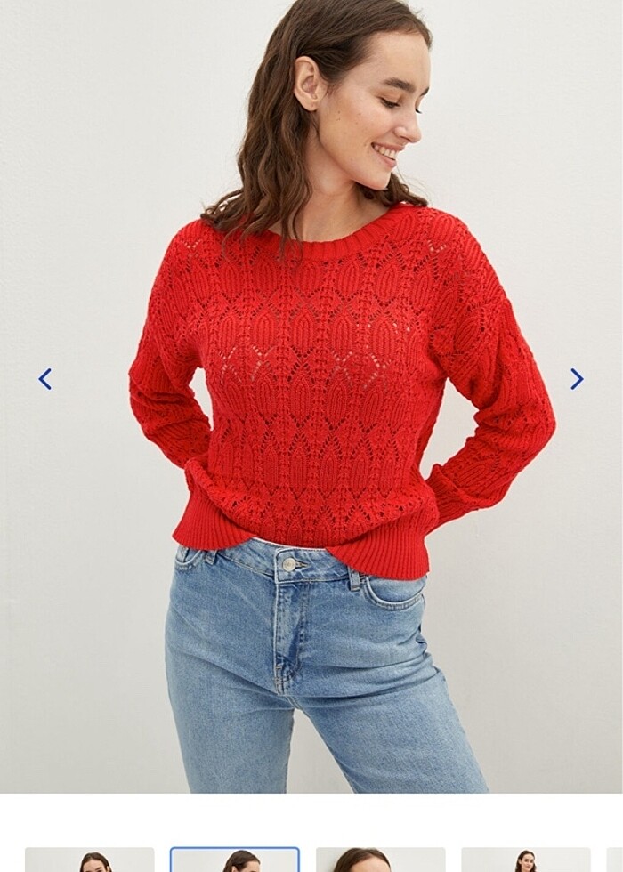 kırmızı kazak kendinden desenli delikli - Görsel 2