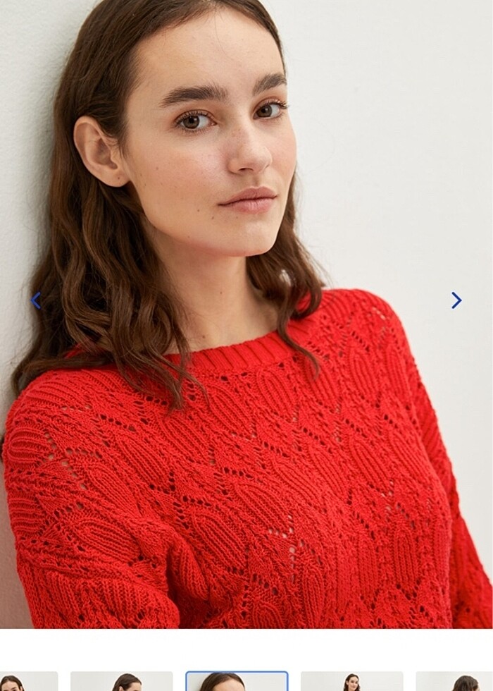 kırmızı kazak kendinden desenli delikli - Görsel 3