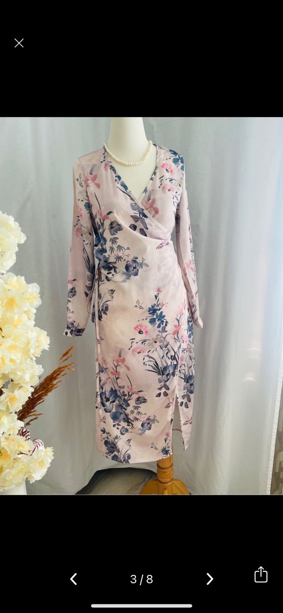 Pembe anvelop yaka Çiçekli Uzun saten elbise - Görsel 3