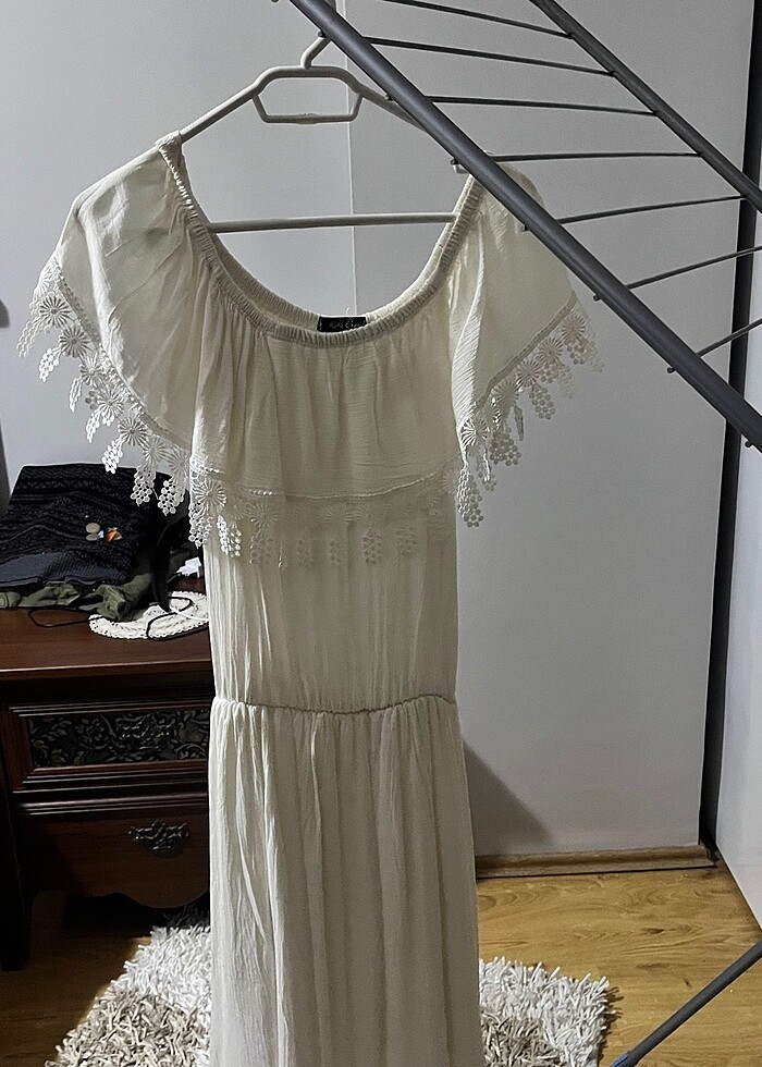 krem rengi elbise - Görsel 5