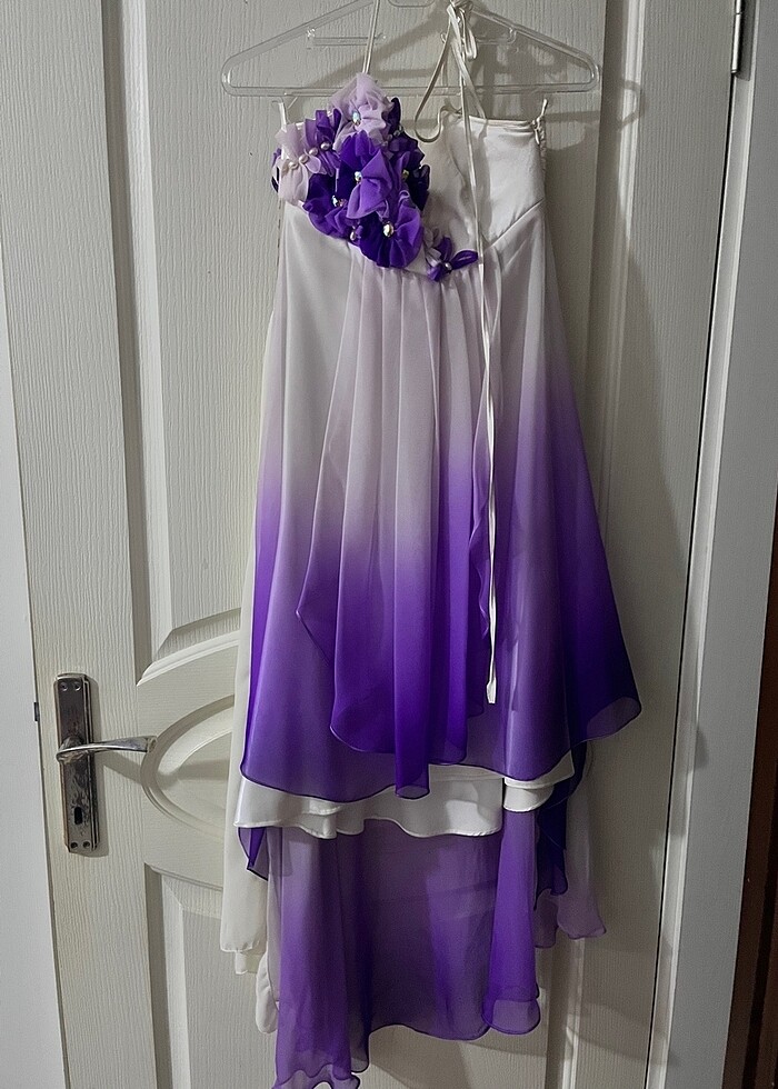 Uzun şallı mor abiye - Görsel 3