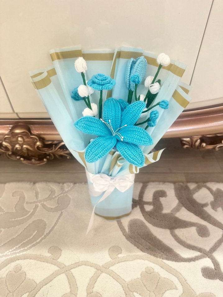 El Örgüsü Bohem Mavi Çiçek Buketi - Görsel 5