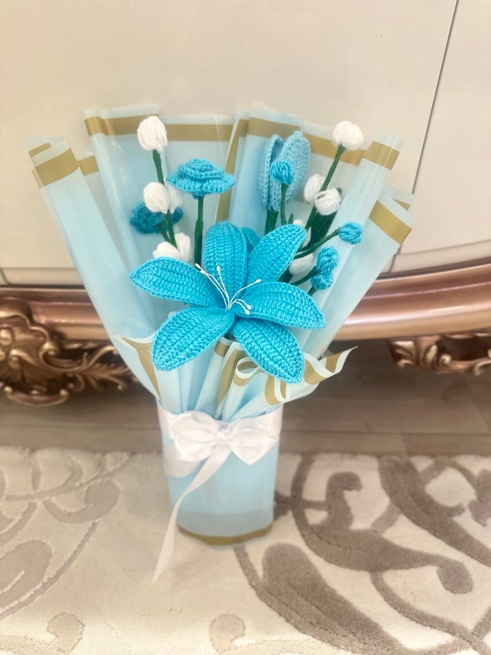 El Örgüsü Bohem Mavi Çiçek Buketi - Görsel 4