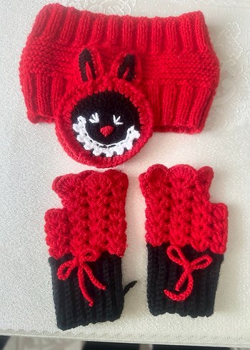 Kız Çocuk Örgü Kırmızı Eldiven ve Bandana Seti - Görsel 3