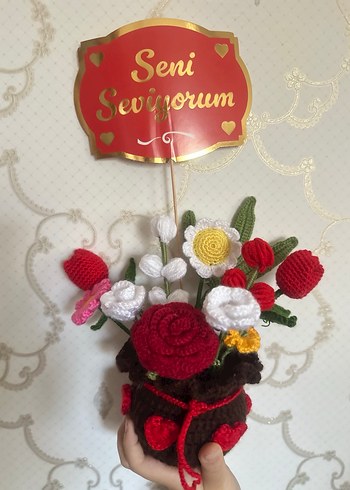 Örgü Bohem Çiçek Aranjmanı Seni Seviyorum - Görsel 2