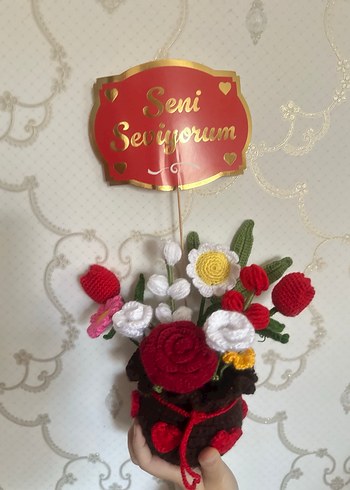 Örgü Bohem Çiçek Aranjmanı Seni Seviyorum - Görsel 3