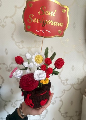 Örgü Bohem Çiçek Aranjmanı Seni Seviyorum - Görsel 4