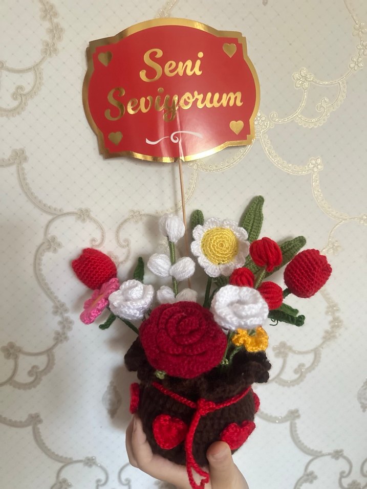 Örgü Bohem Çiçek Aranjmanı Seni Seviyorum - Görsel 2