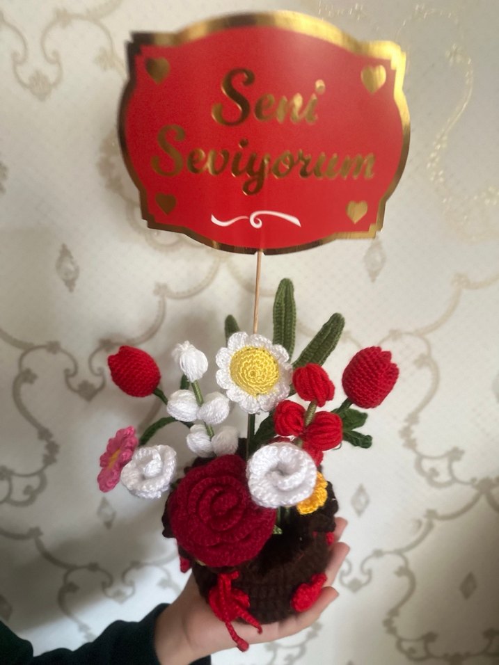 Örgü Bohem Çiçek Aranjmanı Seni Seviyorum - Görsel 5