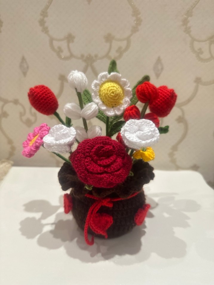 Bohem Tarzı Örgü El Yapımı Çiçek Aranjmanı - Görsel 2