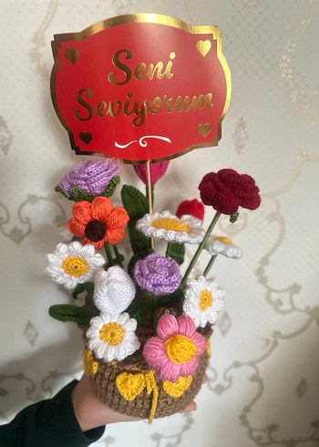 Örgü Bohem Çiçek Aranjmanı "Seni Seviyorum" - Görsel 5
