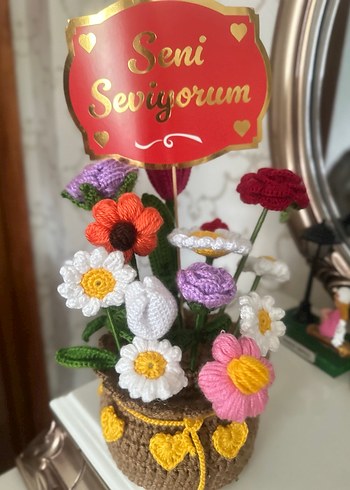 Örgü Bohem Çiçek Aranjmanı "Seni Seviyorum" - Görsel 2