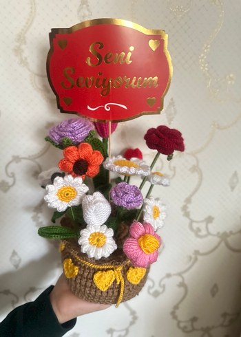 Örgü Bohem Çiçek Aranjmanı "Seni Seviyorum" - Görsel 4