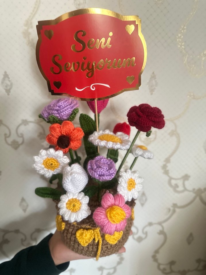 Örgü Bohem Çiçek Aranjmanı "Seni Seviyorum" - Görsel 5