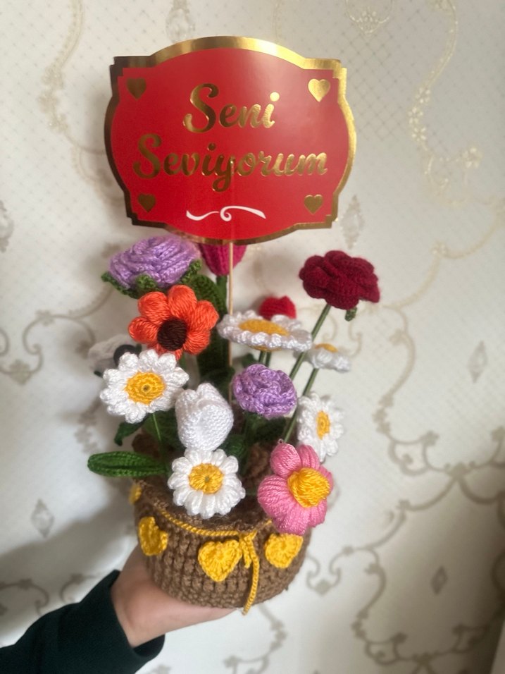 Örgü Bohem Çiçek Aranjmanı "Seni Seviyorum" - Görsel 4