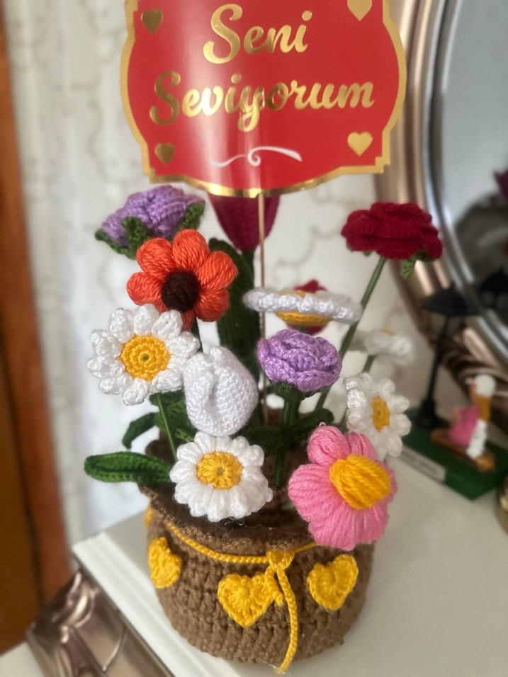 Örgü Bohem Çiçek Aranjmanı "Seni Seviyorum" - Görsel 3