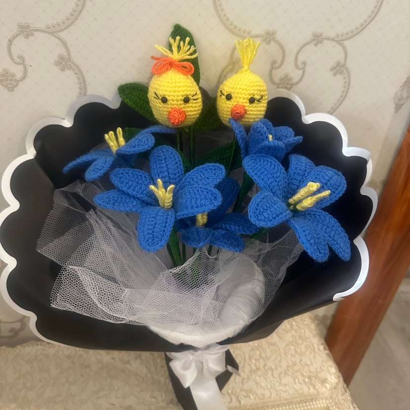 El Örgüsü Mavi Çiçek ve Civciv Dekoru - Görsel 2