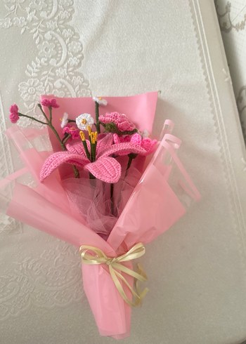 Pembe Örgü Çiçek Buketi - Bohem Tarz - Görsel 2