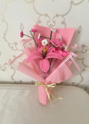 Pembe Örgü Çiçek Buketi - Bohem Tarz - Görsel 4