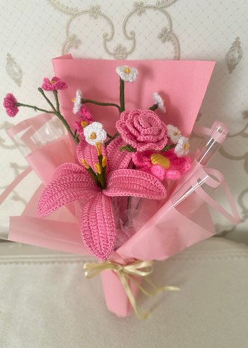 Pembe Örgü Çiçek Buketi - Bohem Tarz - Görsel 3