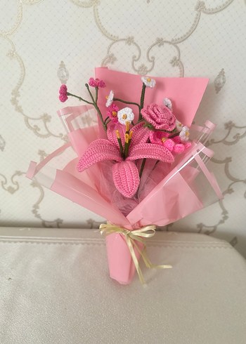 Pembe Örgü Çiçek Buketi - Bohem Tarz - Görsel 5