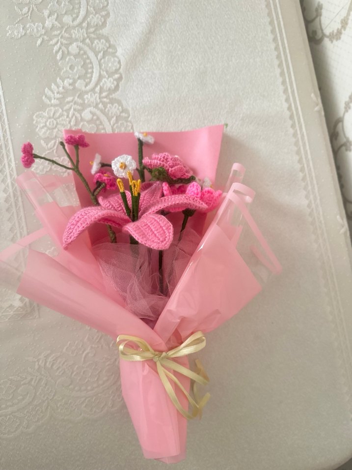 Pembe Örgü Çiçek Buketi - Bohem Tarz - Görsel 2