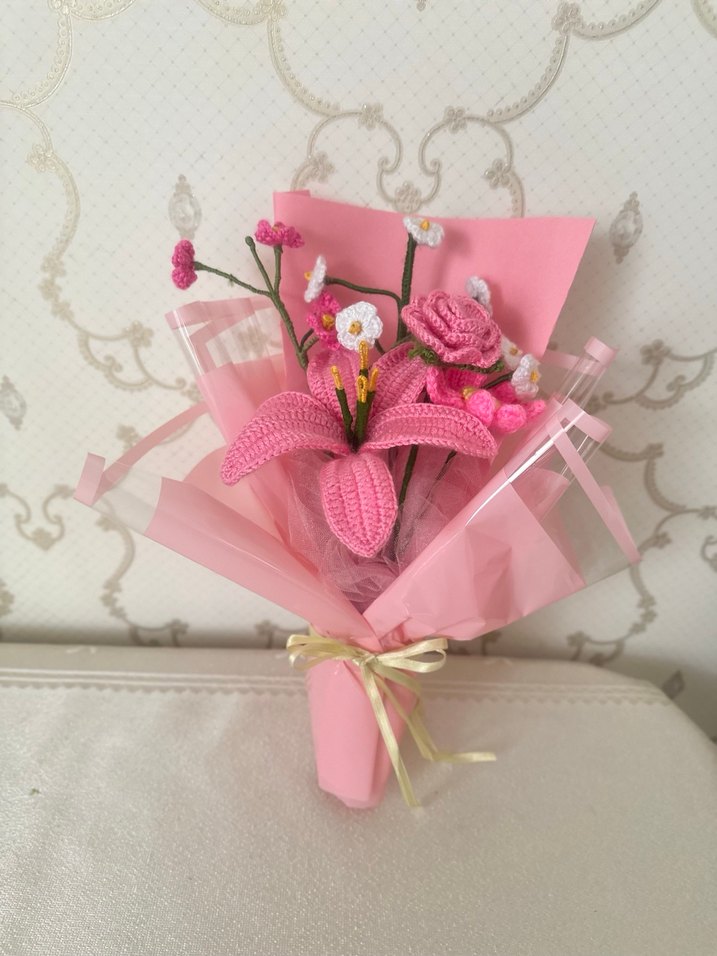 Pembe Örgü Çiçek Buketi - Bohem Tarz - Görsel 4