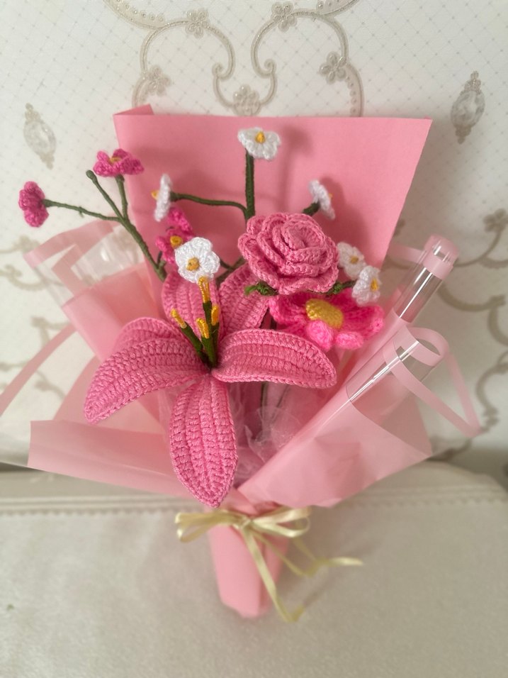 Pembe Örgü Çiçek Buketi - Bohem Tarz - Görsel 3