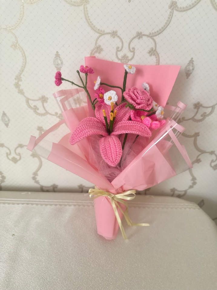 Pembe Örgü Çiçek Buketi - Bohem Tarz - Görsel 5