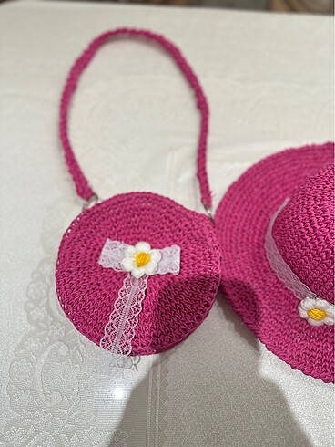 1-2 Yaş, 19 cm Beden pembe Renk Örgü çocuk şapka ve çantası