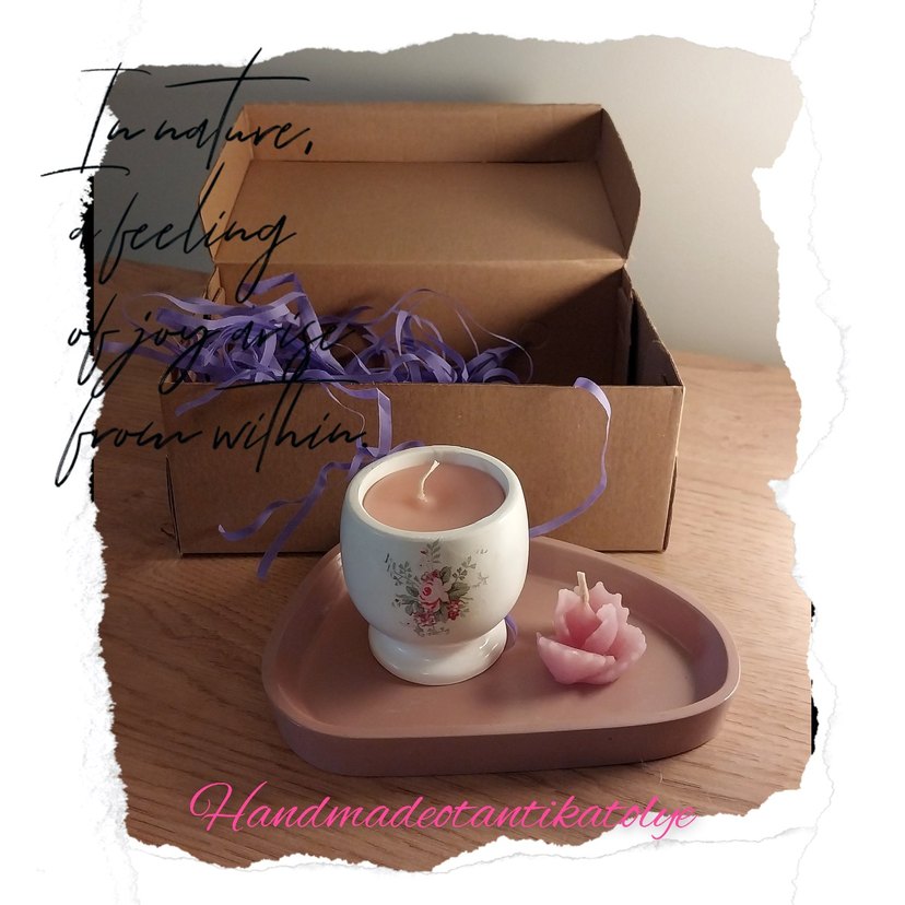 Pastel Pembe El Yapımı Mum ve Tutucu üçlü set - Görsel 2