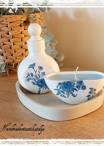 El Yapımı Mavi Çiçek Desenli Beyaz Mumlu  Dekoratif Set - Görsel 2