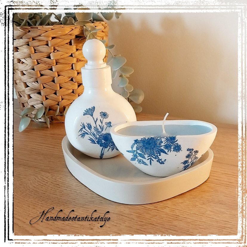 El Yapımı Mavi Çiçek Desenli Beyaz Mumlu  Dekoratif Set - Görsel 2