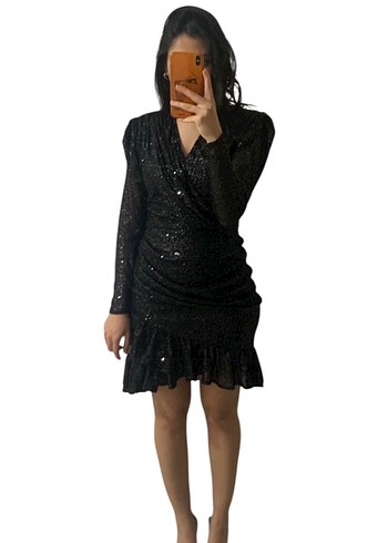 Siyah Mini Payetli Uzun Kollu  Elbise - Görsel 2