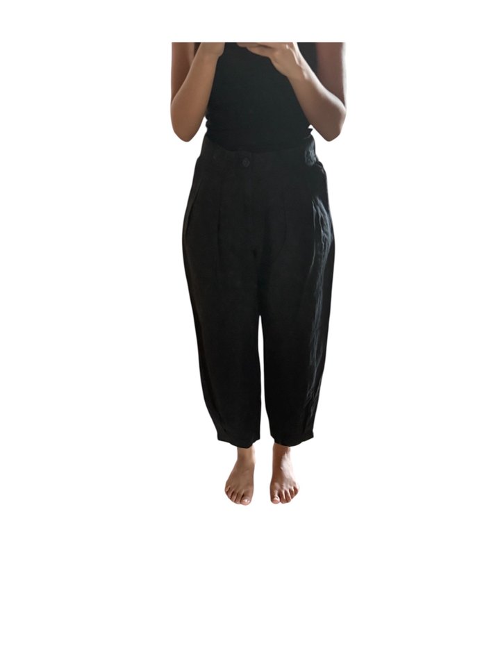 Siyah Keten Midi Kadın Kumaş Pantolon - Görsel 2