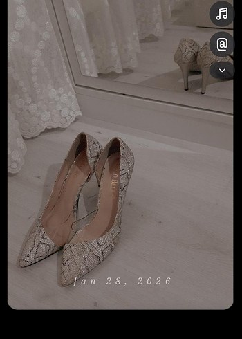 Bej Yılan Derisi Desenli Stiletto Dantel Detaylı - Görsel 3